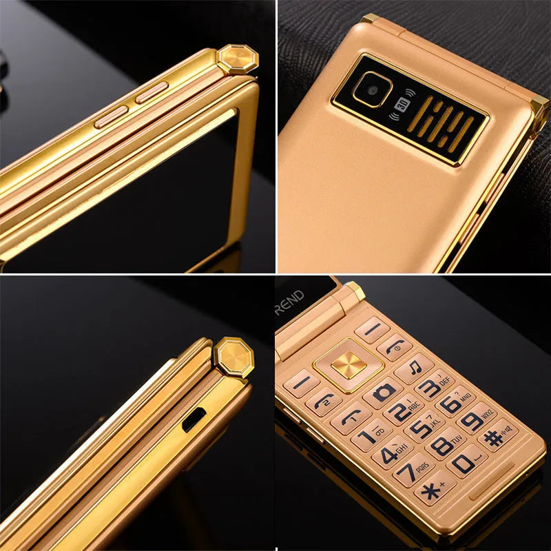 Dual screen flip mobile phone in black colour showing both internal touch screen and external display