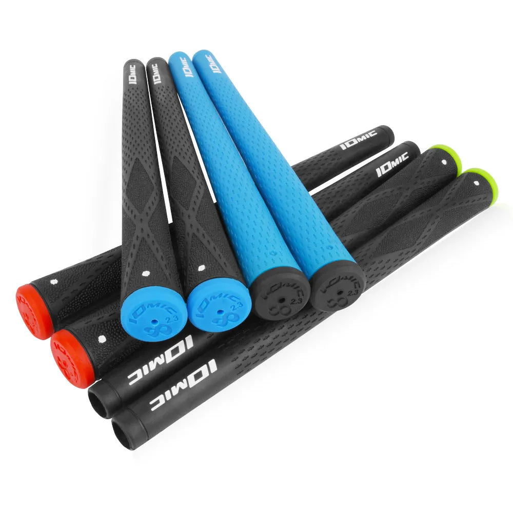 TPE material golf club grip shown in various colours including pink, red, and two-tone black with blue head.
