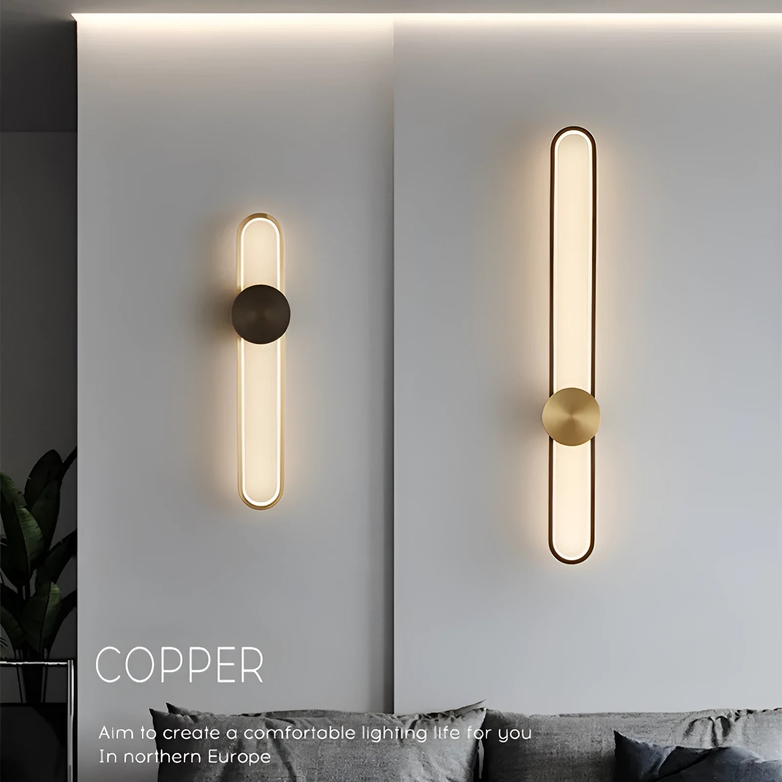 Round minimalist iron wall lamp with warm white LED light in black or gold finish.