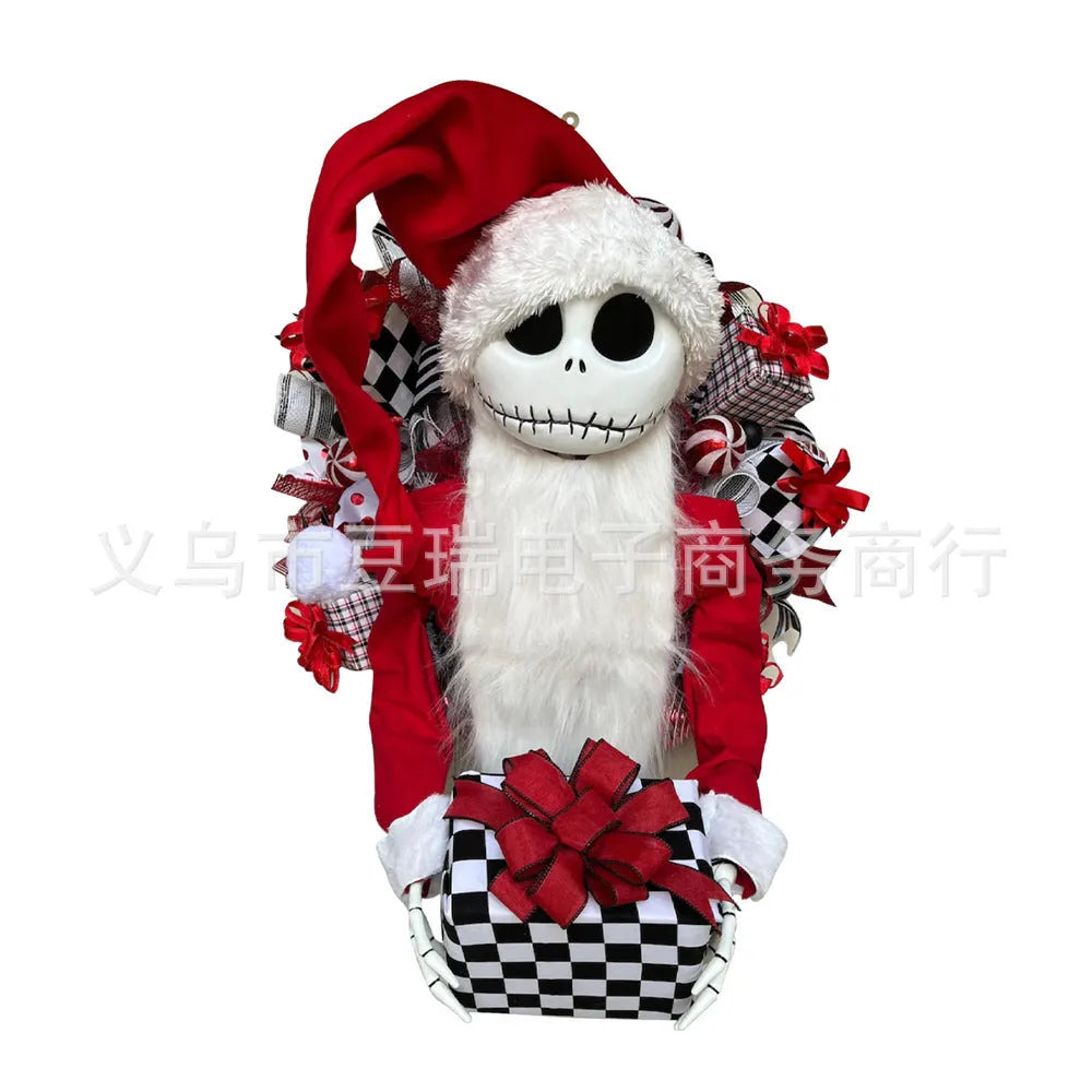 Christmas Jack doll garland in cartoon style made from wooden and cloth materials for holiday window display