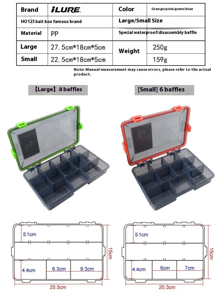 Blue waterproof plastic fishing lure storage box for tackle organisation.