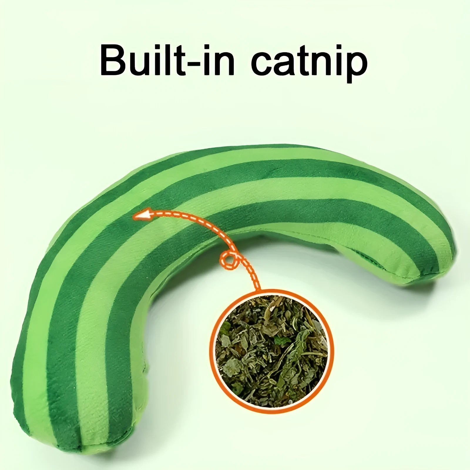 Set of four striped pattern cat toys with catnip and bells in green, rainbow, and yellow colours