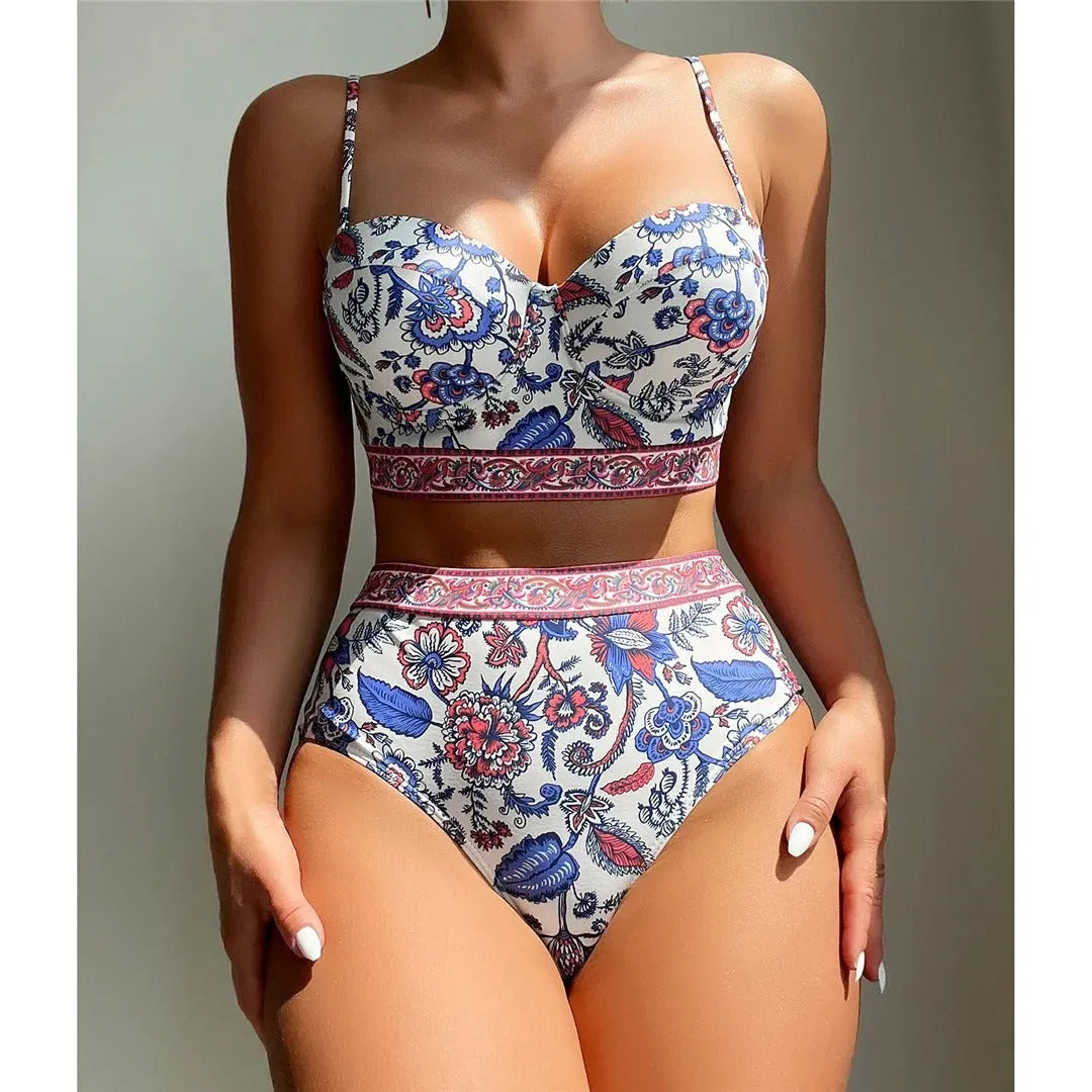 Blue women's high-waisted push-up bikini swimsuit with sleeveless design