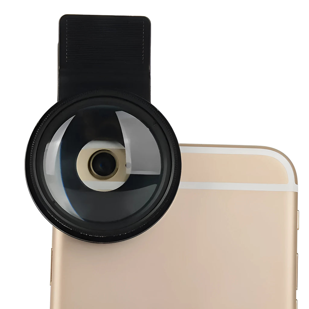 Smartphone macro close-up lens with aluminium frame and clip attachment on white background.