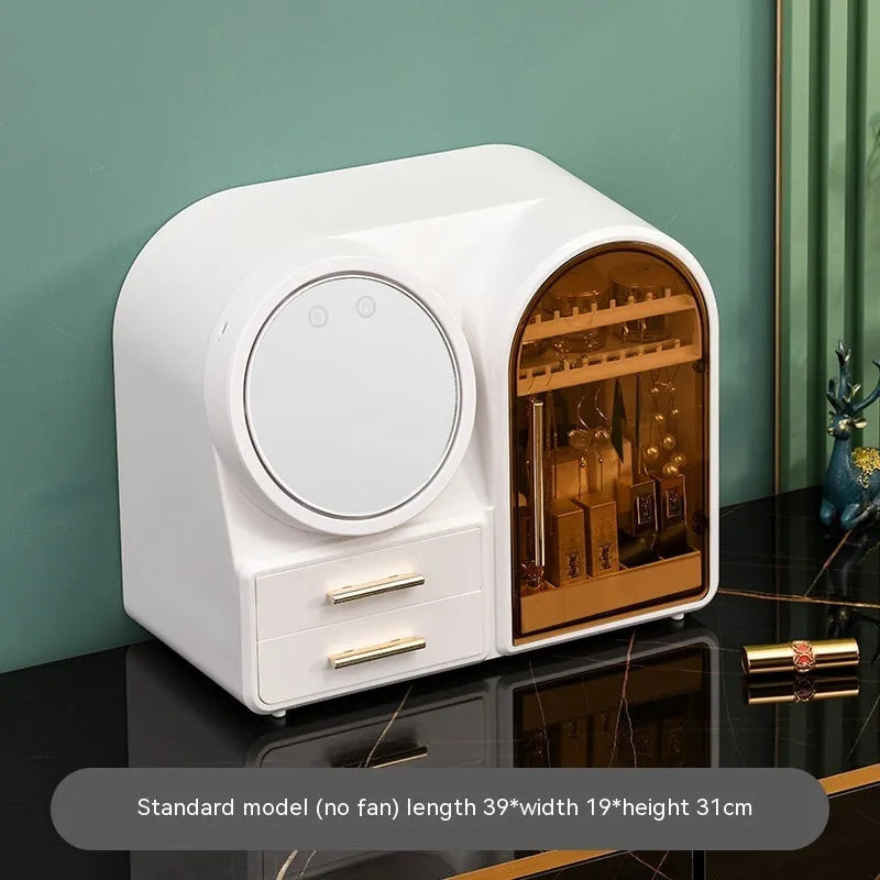 Plastic cosmetics storage rack with LED makeup mirror and soft wind fan, 35L capacity, Milky White, Light Pink or Dark Green