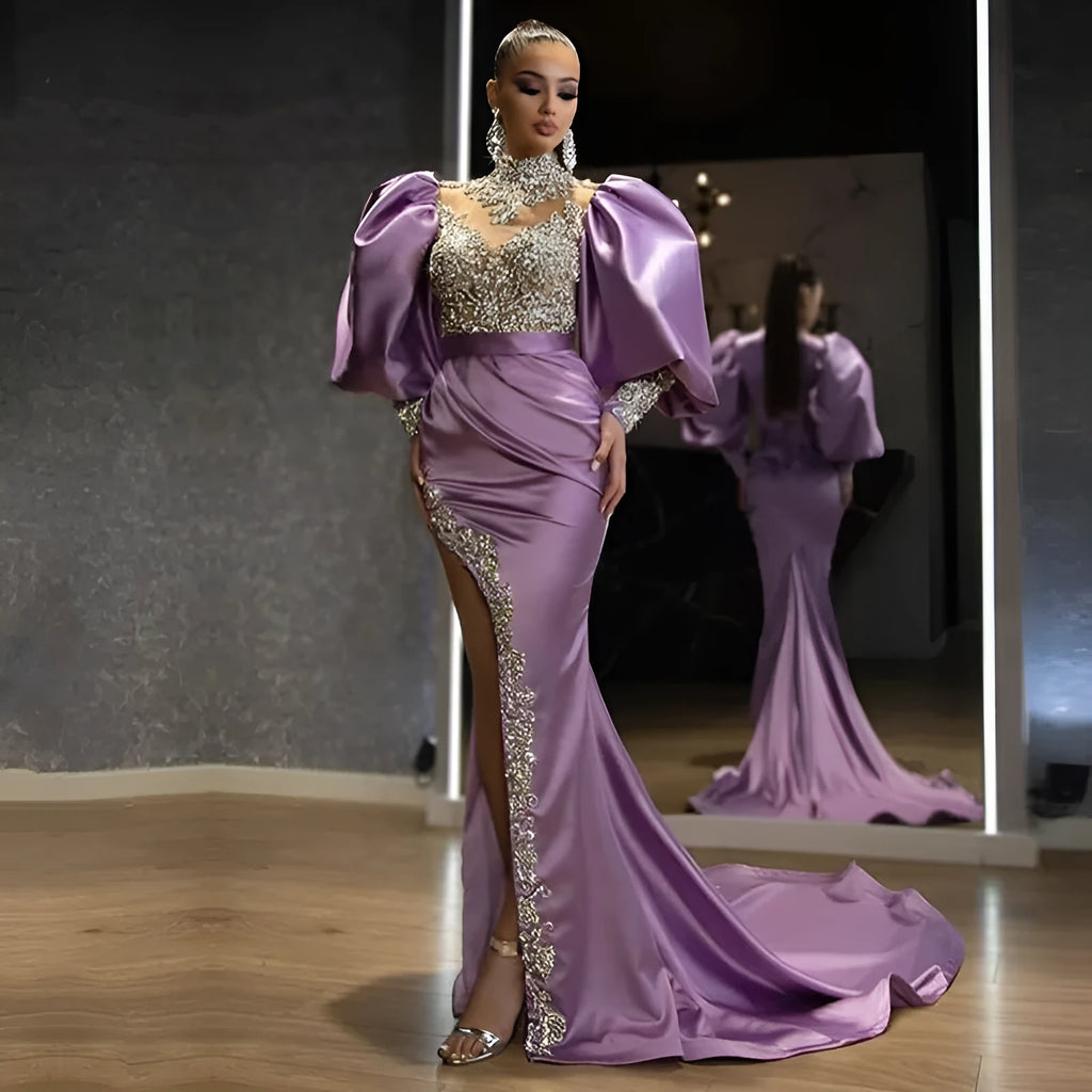 Dress with Princess Sleeves Sheath Trailing Temperament Solid Colour High Waist Swing Long Skirt Chest Wrap Style for Commute and Office Purple Polyester Fiber S M L XL XXL