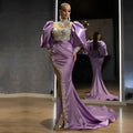 Dress with Princess Sleeves Sheath Trailing Temperament Solid Colour High Waist Swing Long Skirt Chest Wrap Style for Commute and Office Purple Polyester Fiber S M L XL XXL