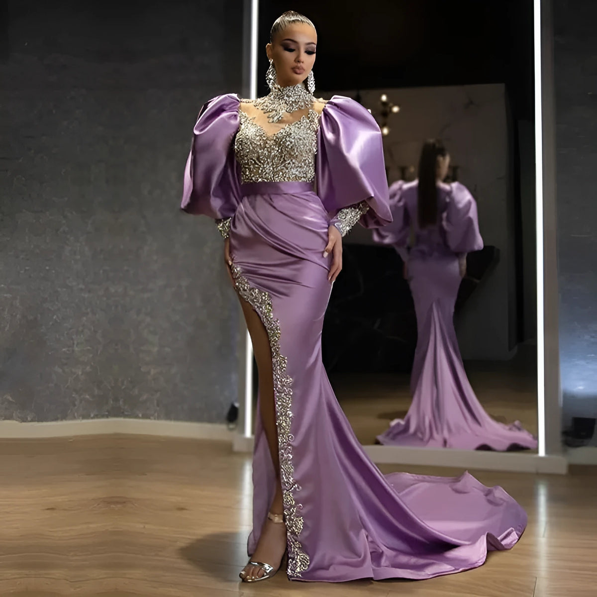 Dress with Princess Sleeves Sheath Trailing Temperament Solid Colour High Waist Swing Long Skirt Chest Wrap Style for Commute and Office Purple Polyester Fiber S M L XL XXL