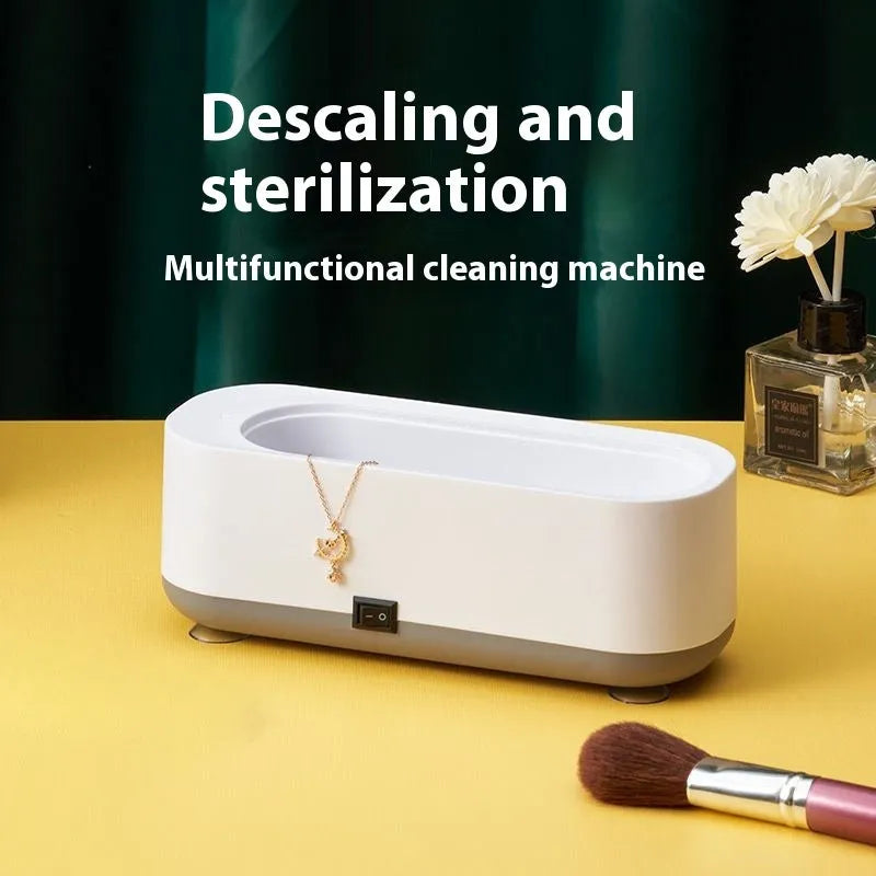 Ultrasonic glasses cleaning machine with purple light, 300ml capacity, USB or battery power, mechanical switch.