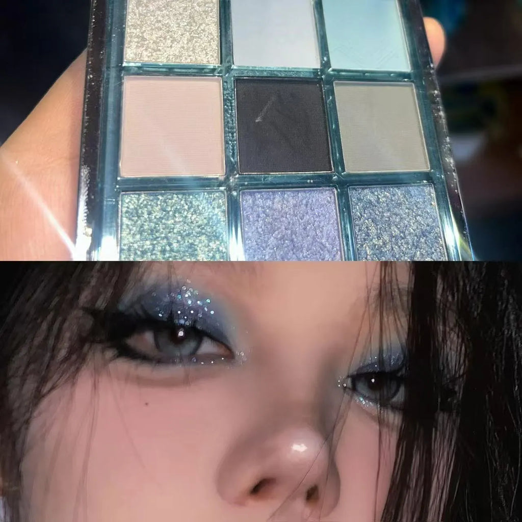 MUGELEEN nine-colour eye shadow palette in blue smoked and earth tones with matte shimmer finishes