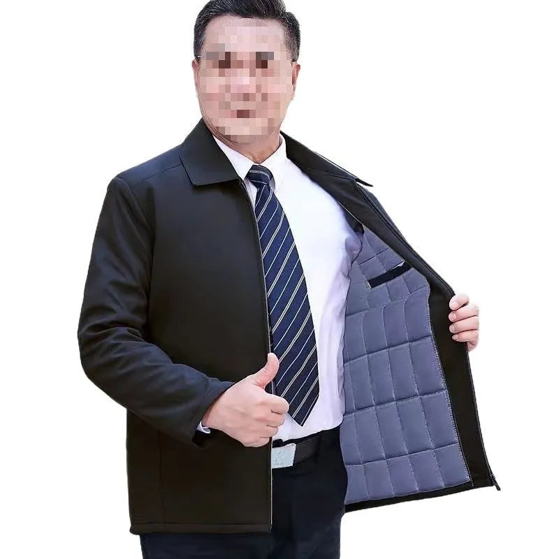 Men's padded thick cotton coat in blue with nylon shell, zip and button front, available in Asian sizes 170 to 190