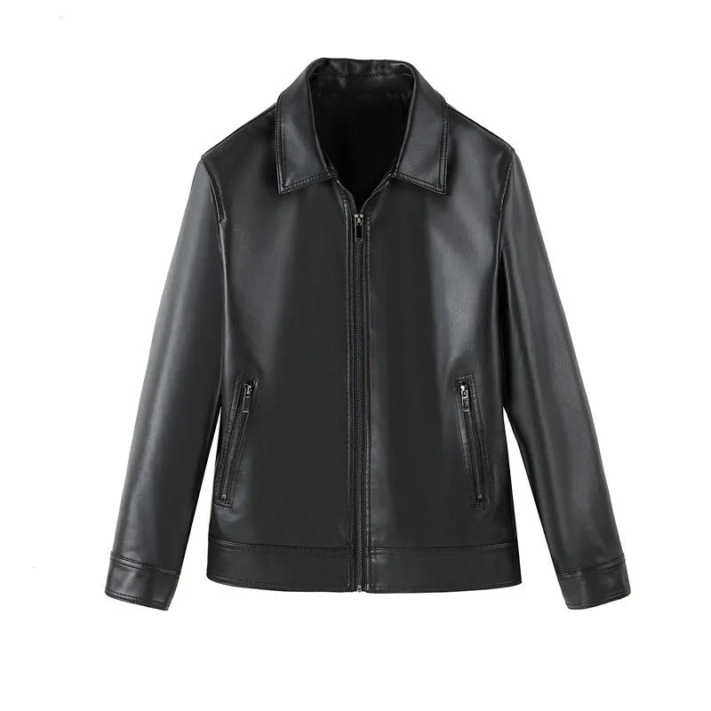 Men's black loose fit PU leather casual jacket with zipper pockets