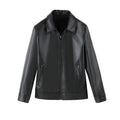 Men's black loose fit PU leather casual jacket with zipper pockets