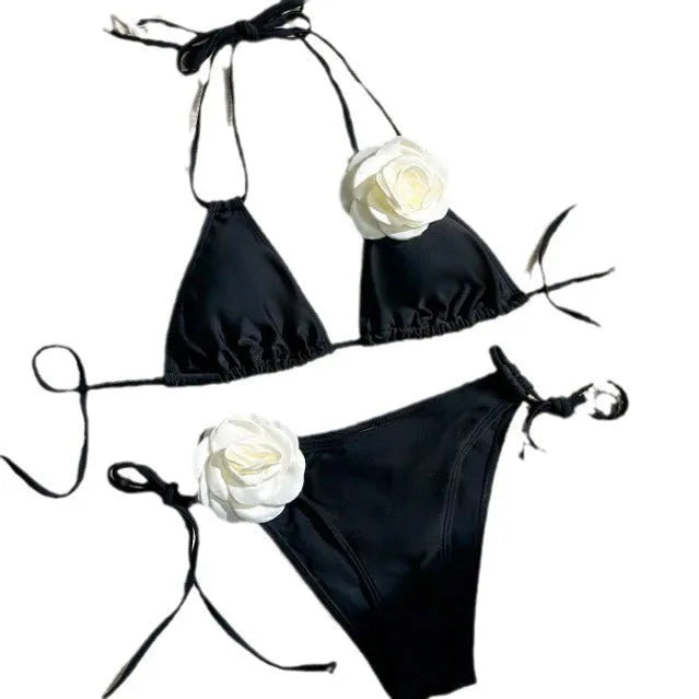 Black 3D flower drawstring lace split bikini set on a mannequin.