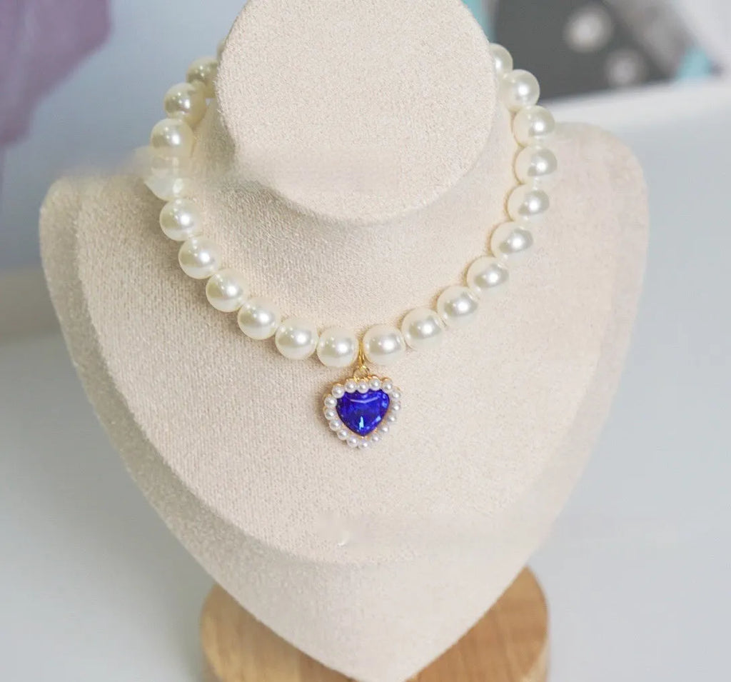 Plastic alloy resin pearl necklace cat collar with love gem charm in multiple colours