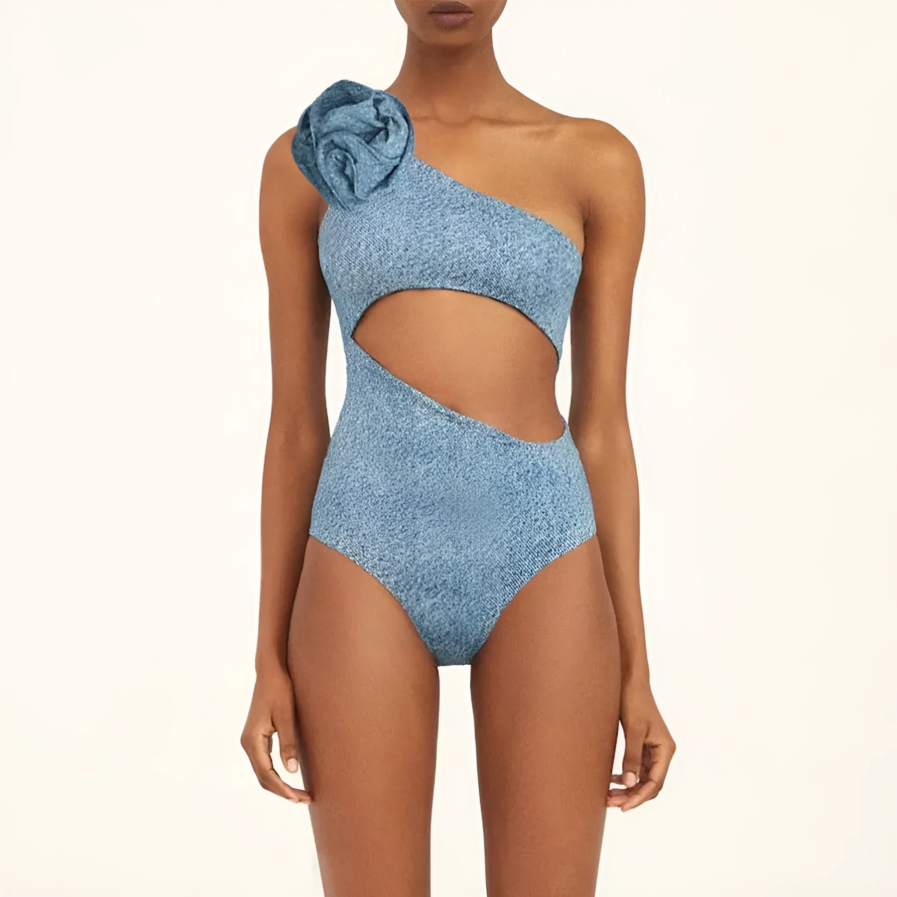 Women's one-shoulder hollow design flower decorative nylon swimsuit in soft cowboy style