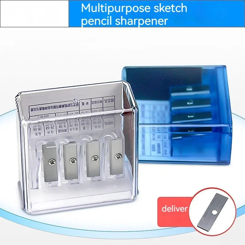Four hole geometric pencil sharpener with plastic construction and maintenance screwdriver