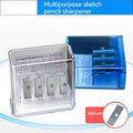 Four hole geometric pencil sharpener with plastic construction and maintenance screwdriver