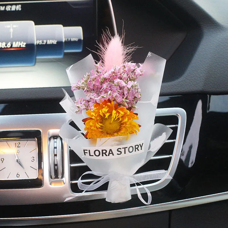 Dried flower bouquet and scented slice car air freshener set for air vents in various colours.