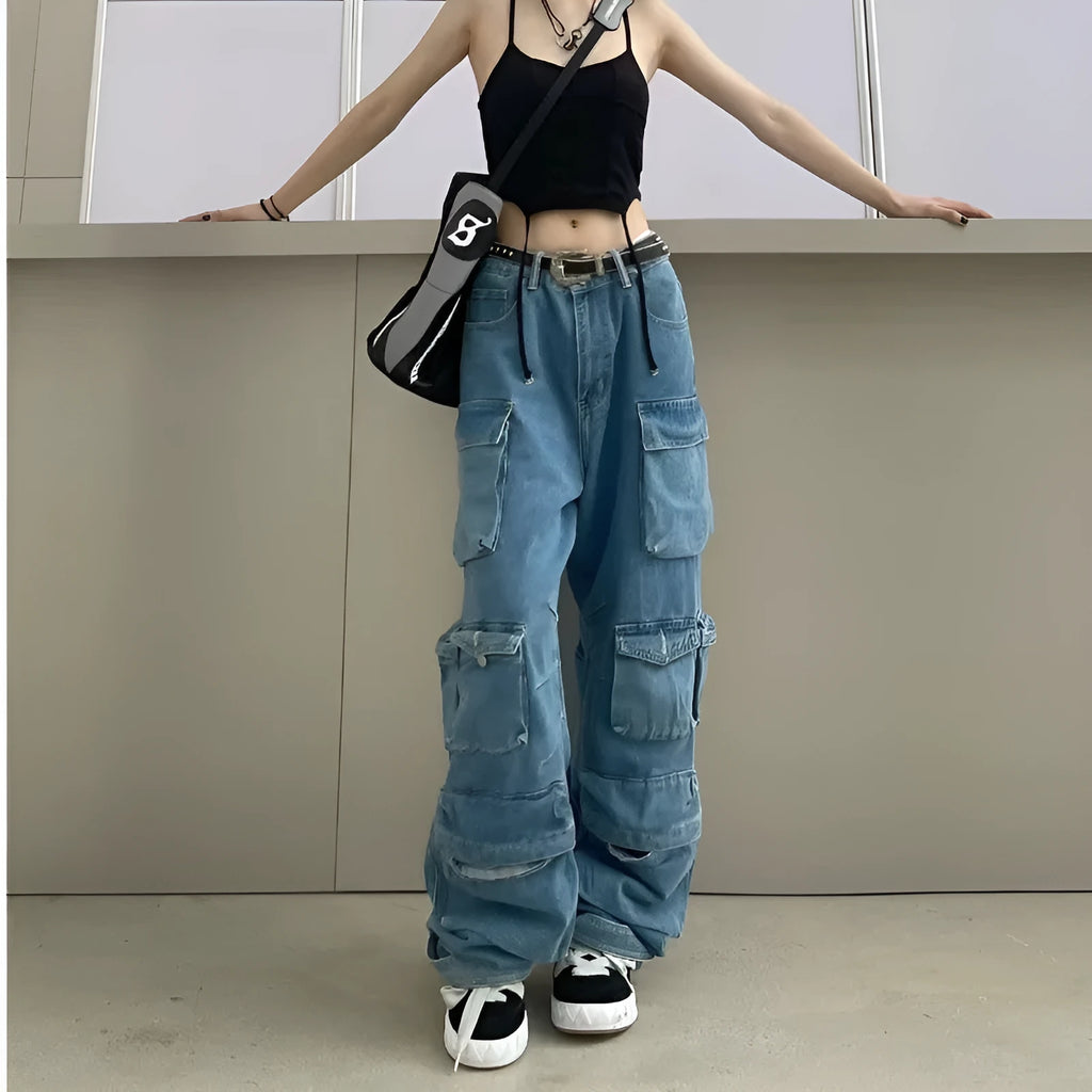 Women's tie-dyed high waist wide leg trousers with multiple pockets in denim fabric