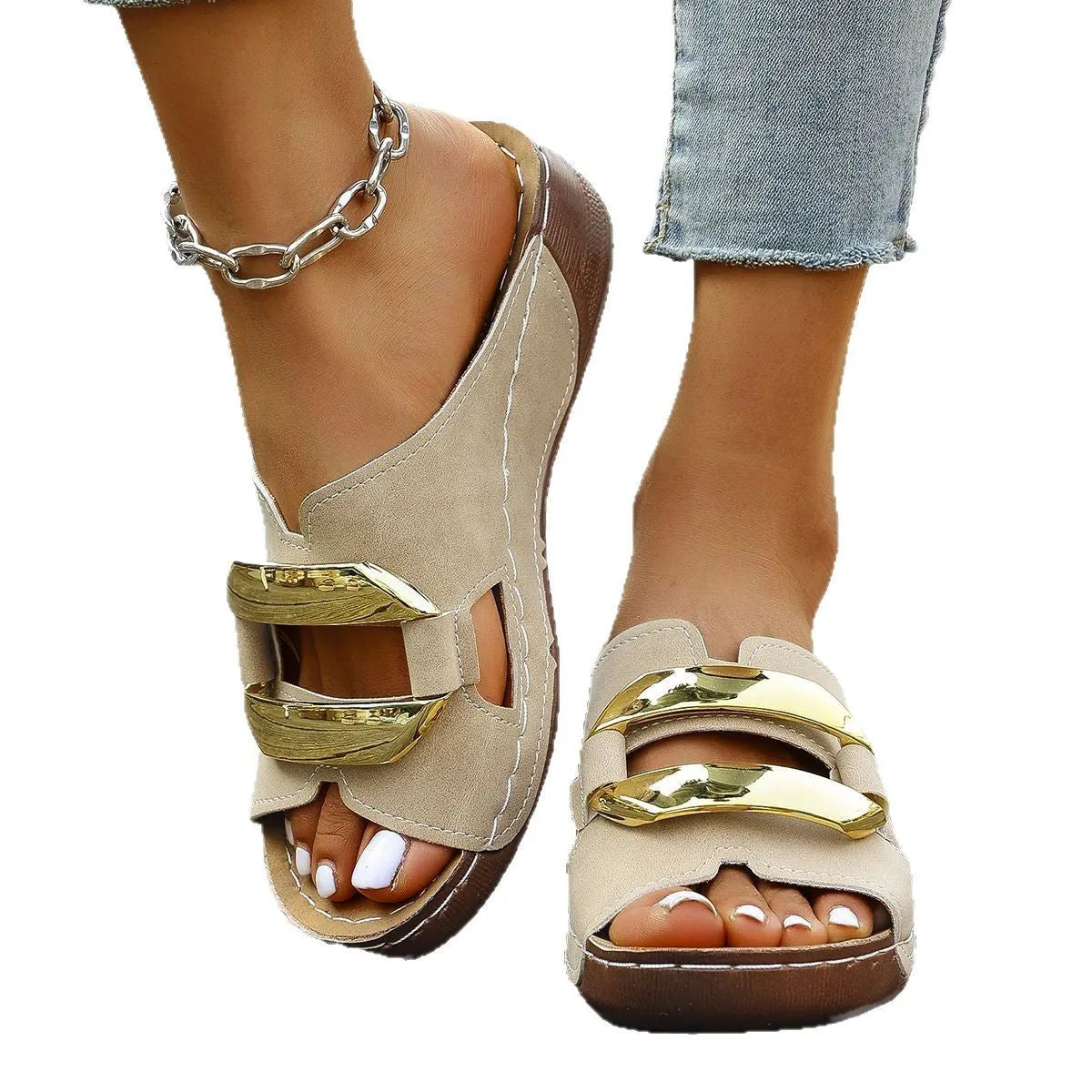 Roman style platform flip-flop sandals in a solid colour on a white background.