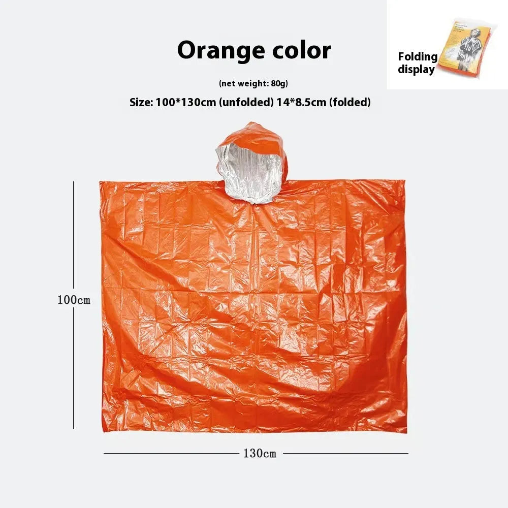 Orange and army green Marathon Wild cross-country raincoat laid flat, showing its 100x130cm size.