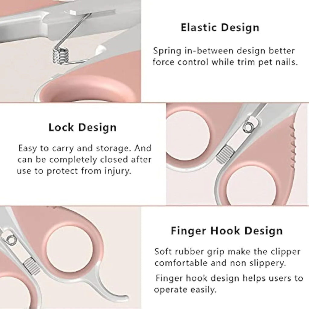 Grey and pink cat nail clippers with curved safety blade and ergonomic rubberised handles
