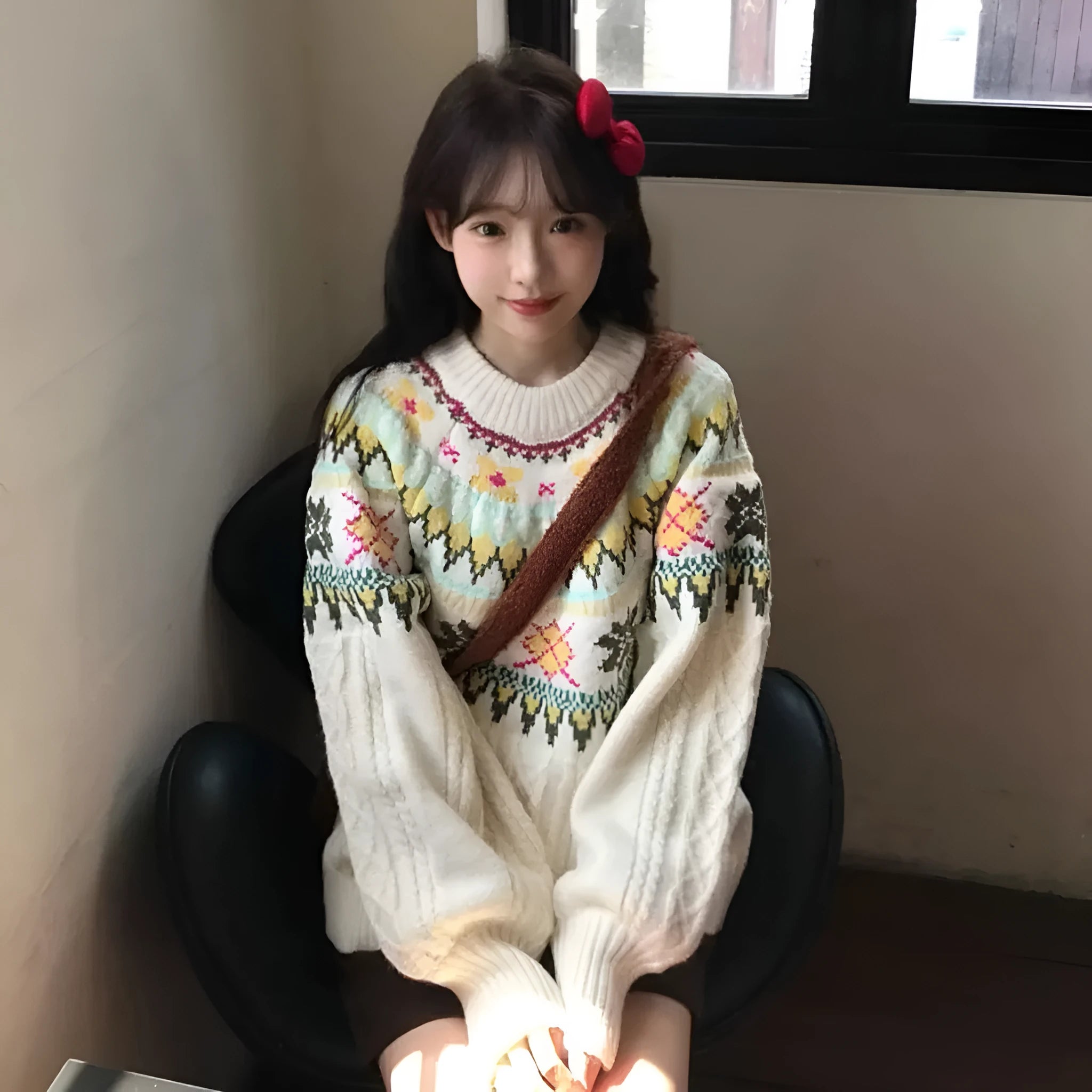 Women's milky white lantern sleeve mori knitwear pullover sweater on hanger