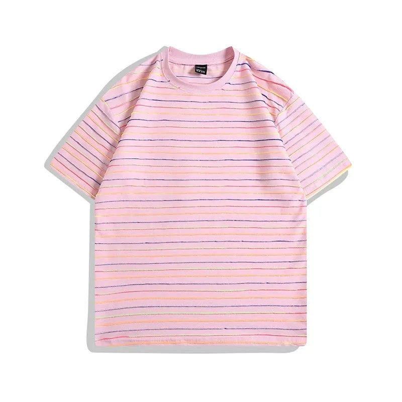 Loose fit striped T-shirt in apricot, black, yellow, grey or pink colours with round neck and half sleeves