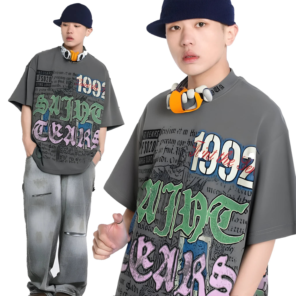 American retro national trend hip hop graffiti pure cotton short sleeve t-shirt in grey, front view