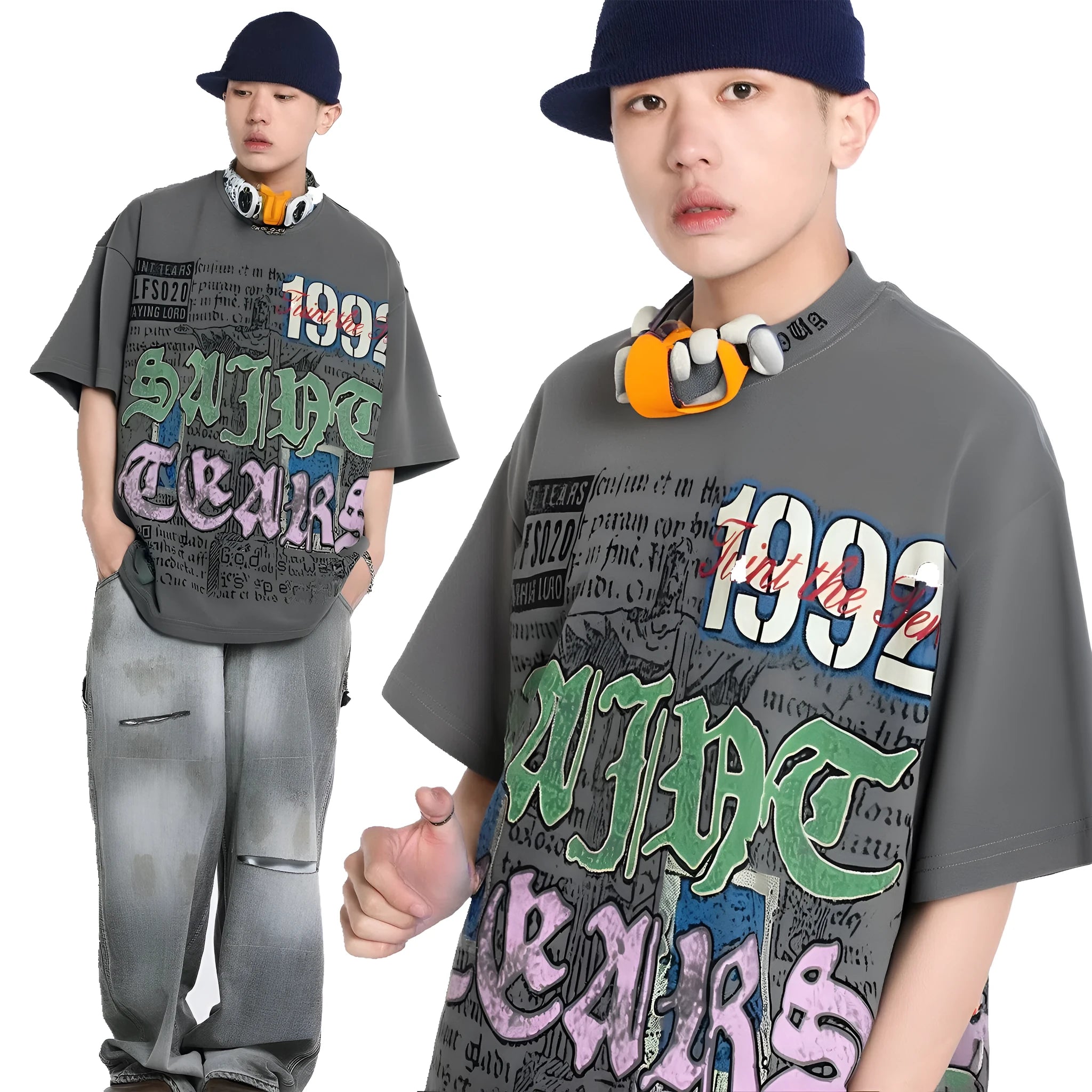 American retro national trend hip hop graffiti pure cotton short sleeve t-shirt in grey, front view