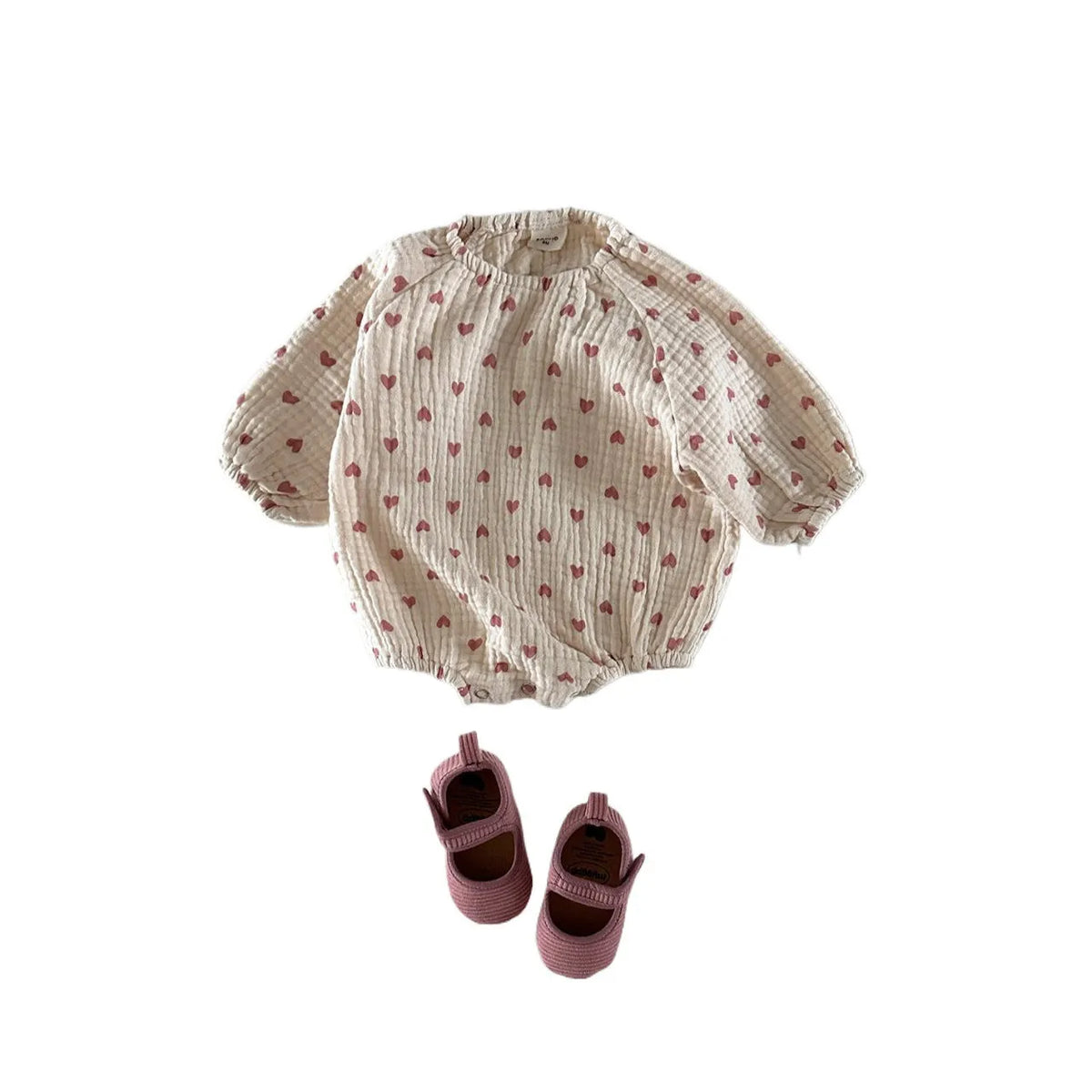 Cotton double-layer gauze casual romper for babies, pullover style, long sleeves, pink plaid pattern