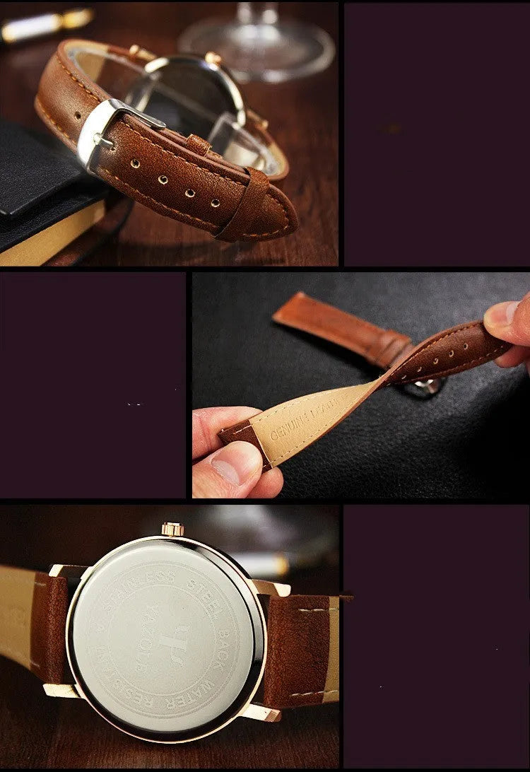 Roman scale luminous quartz watch with round dial and pin buckle in black or brown belt