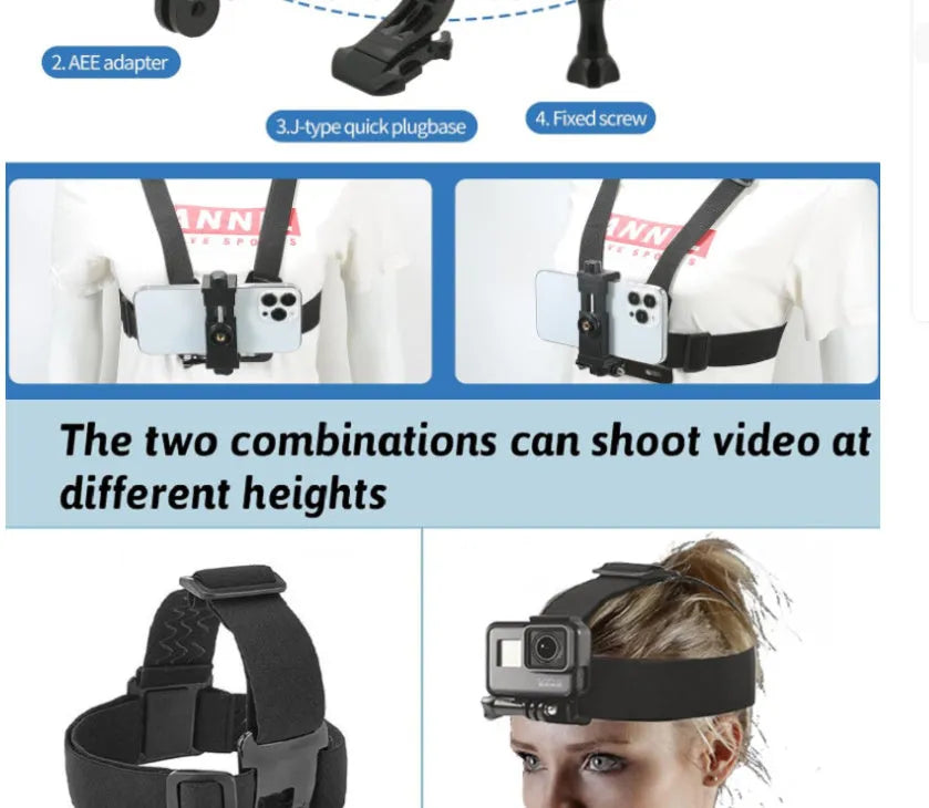 Black PC 9-in-1 chest strap and headband suit for sports cameras and smartphones, measuring 20x20x6cm