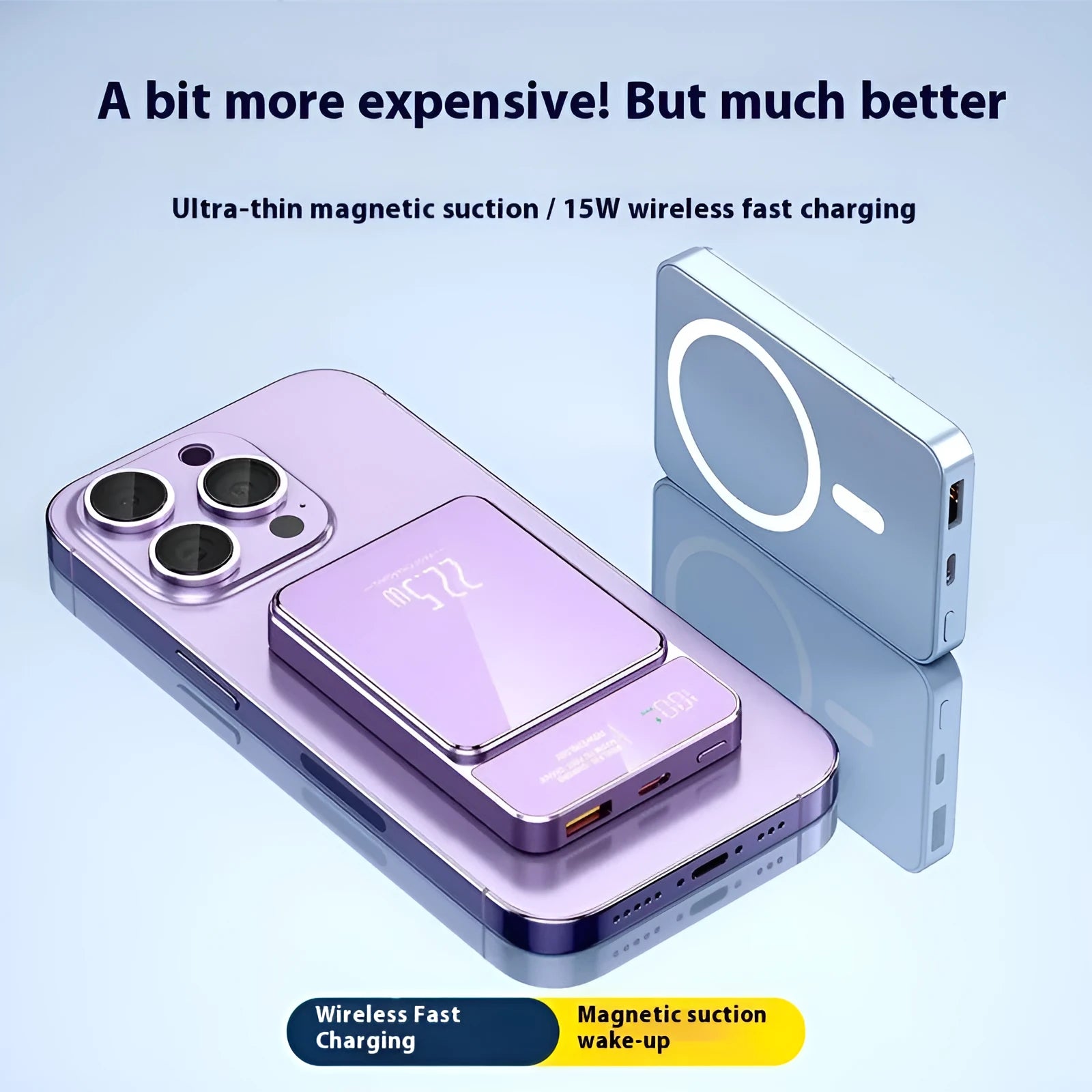 Fashion magnetic wireless power bank in black with fast charging USB plastic construction