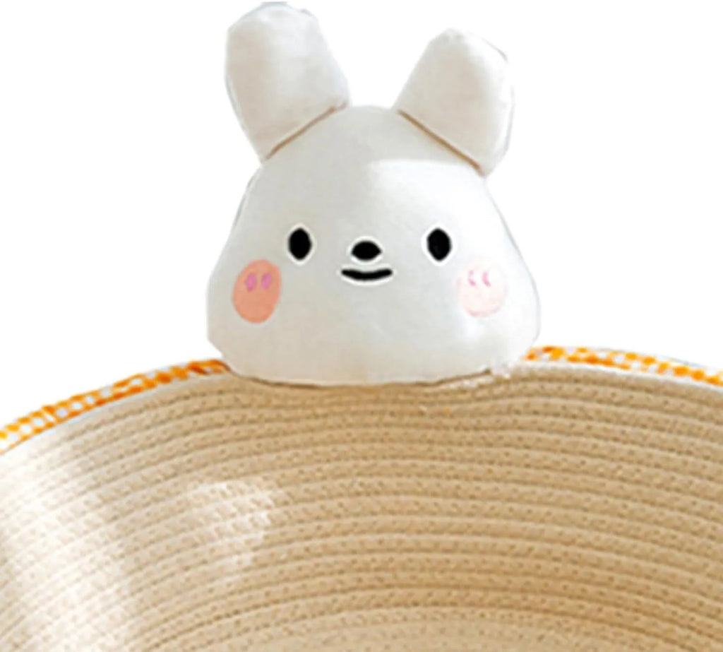 Woven cotton rope cat bed basket with integrated scratching surface in Bear or Rabbit design.