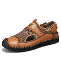 Men's brown genuine leather mesh breathable low-top shoes with elastic band and round toe