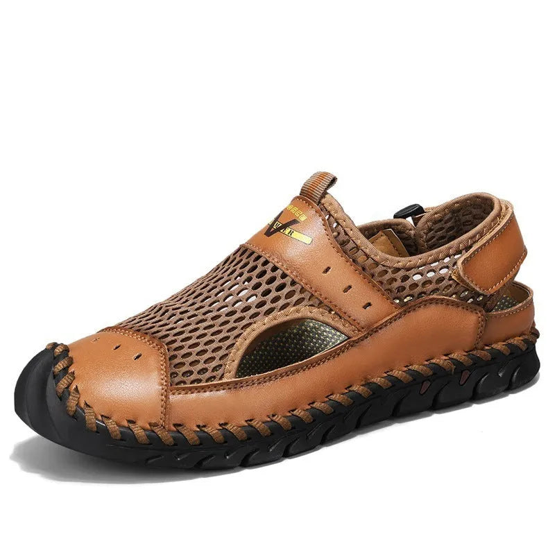 Men's brown genuine leather mesh breathable low-top shoes with elastic band and round toe