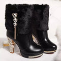 Women's black ankle boots with a chunky high heel on a white background.