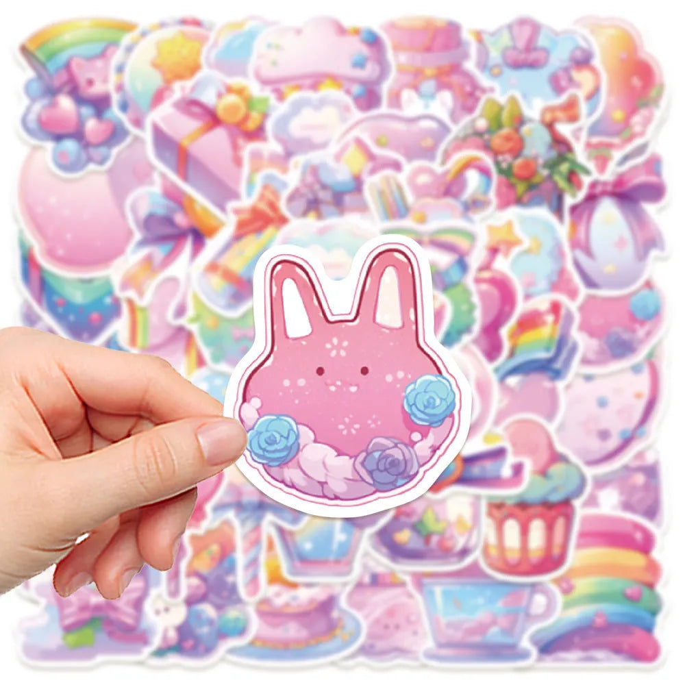 Pack of fresh candy-coloured decorative stickers with small object designs, scale showing 4-7 cm size.