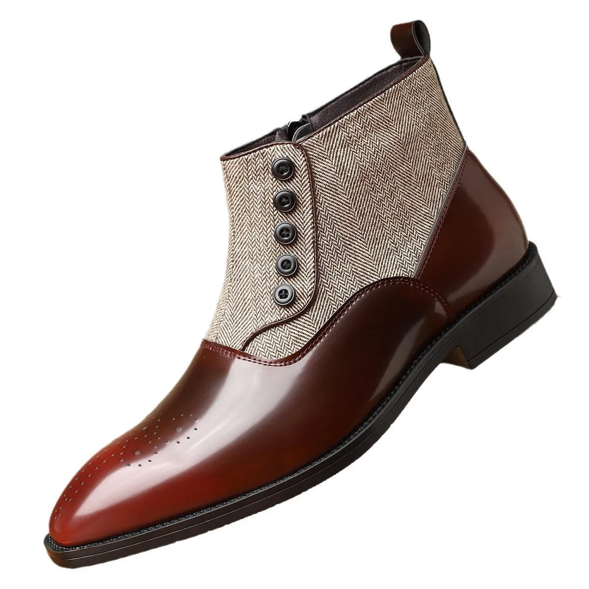 Men's brown retro formal business shoes with side zip and square toe.