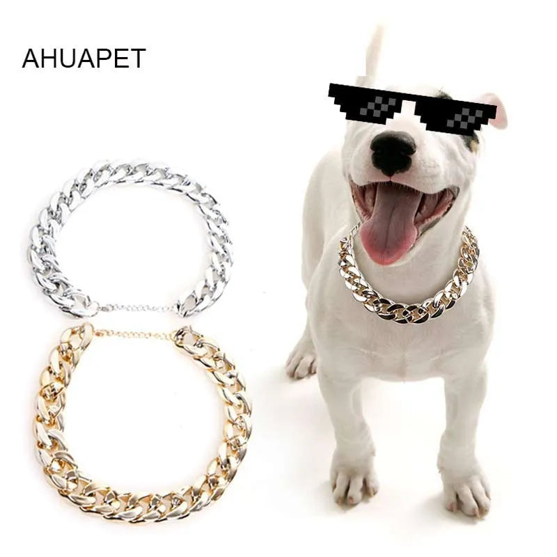 Gold colour chain dog collar ornament with geometric plastic resin design for small to medium dogs