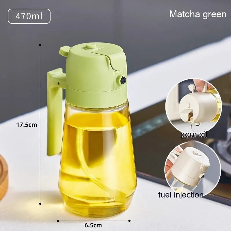 Glass olive oil sprayer bottle with ergonomic handle in beige, showing spray and pour functions.