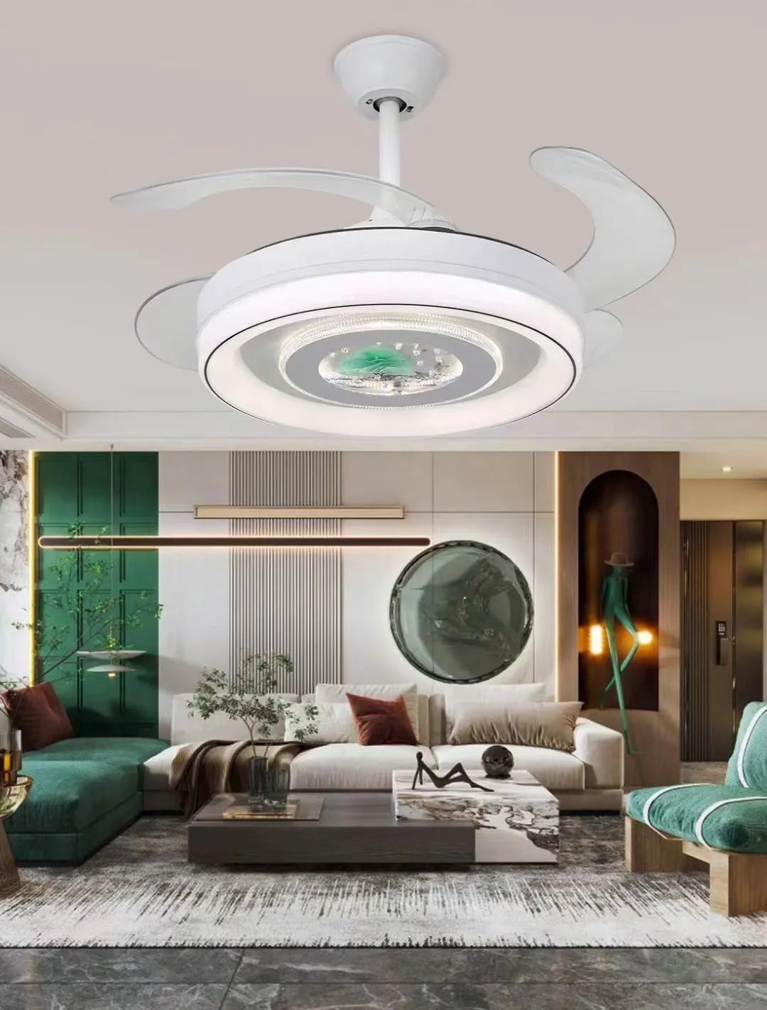 Nordic style ceiling fan light with invisible blades and integrated LED light fixture on a white ceiling.