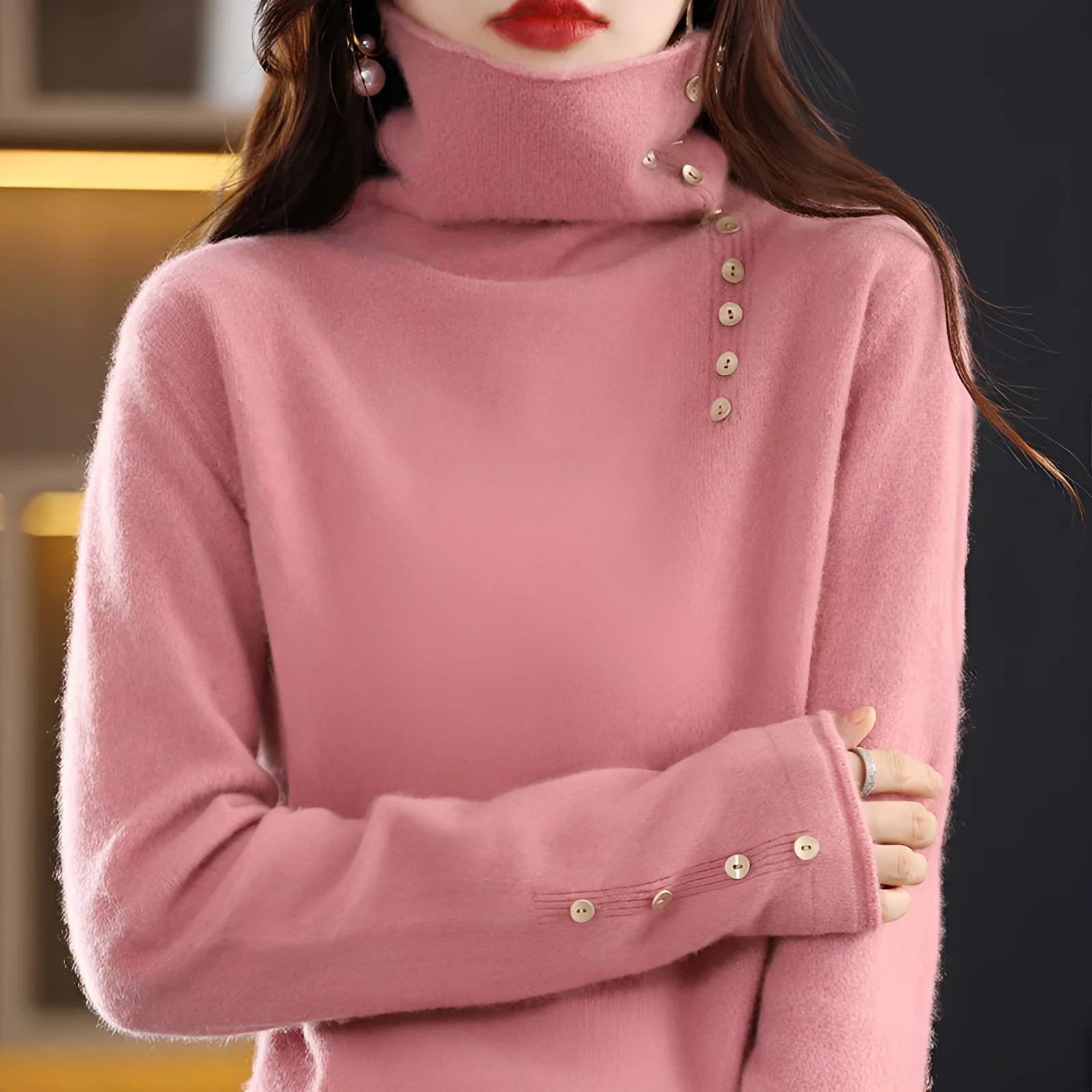Core-spun yarn knitted pullover shirt in light camel colour with 3D pattern, short 40cm length.