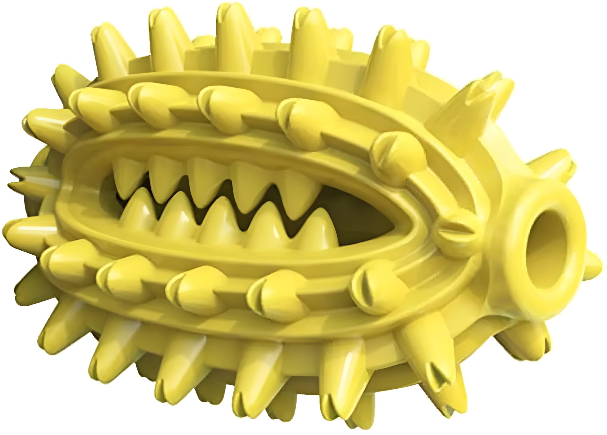 Green cactus-shaped rubber dog chew toy with textured bumps and a central food channel for dental care.