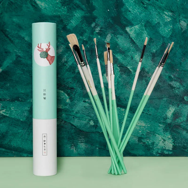 Acrylic gouache brush set with fan brushes, liner brush, corner brush, wide brush, gouache and chalk