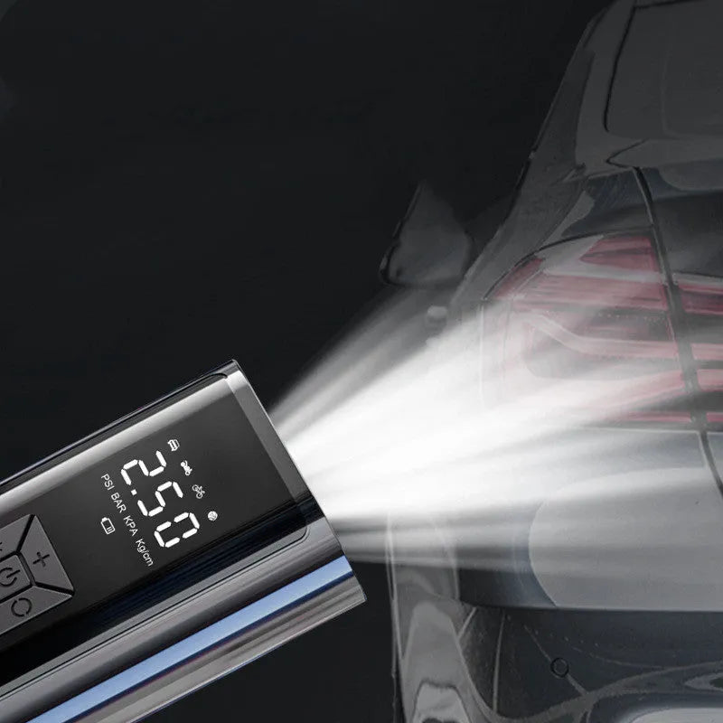 Wireless digital car tyre pump with dual display showing pressure readings and 35L/min airflow rating