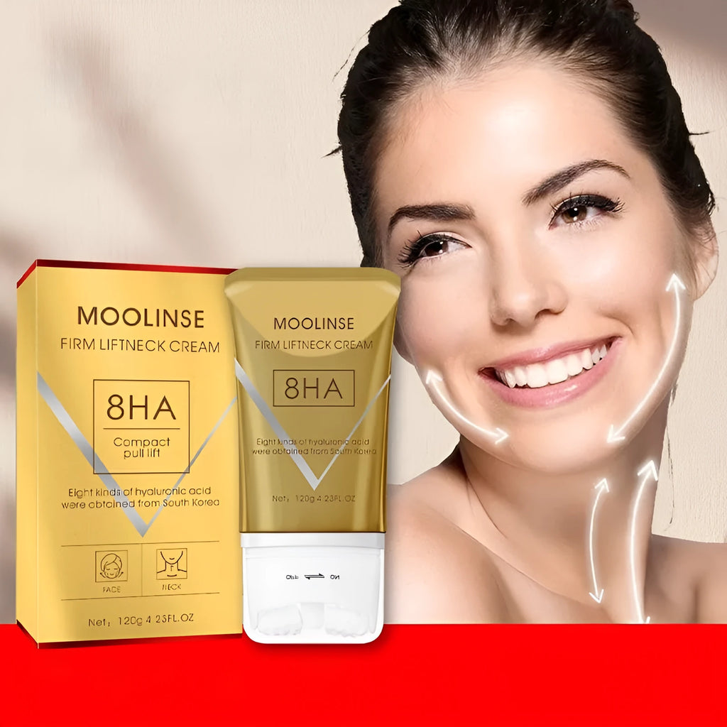 Neck moisturising cream jar with a neck roller tool for dry skin care.