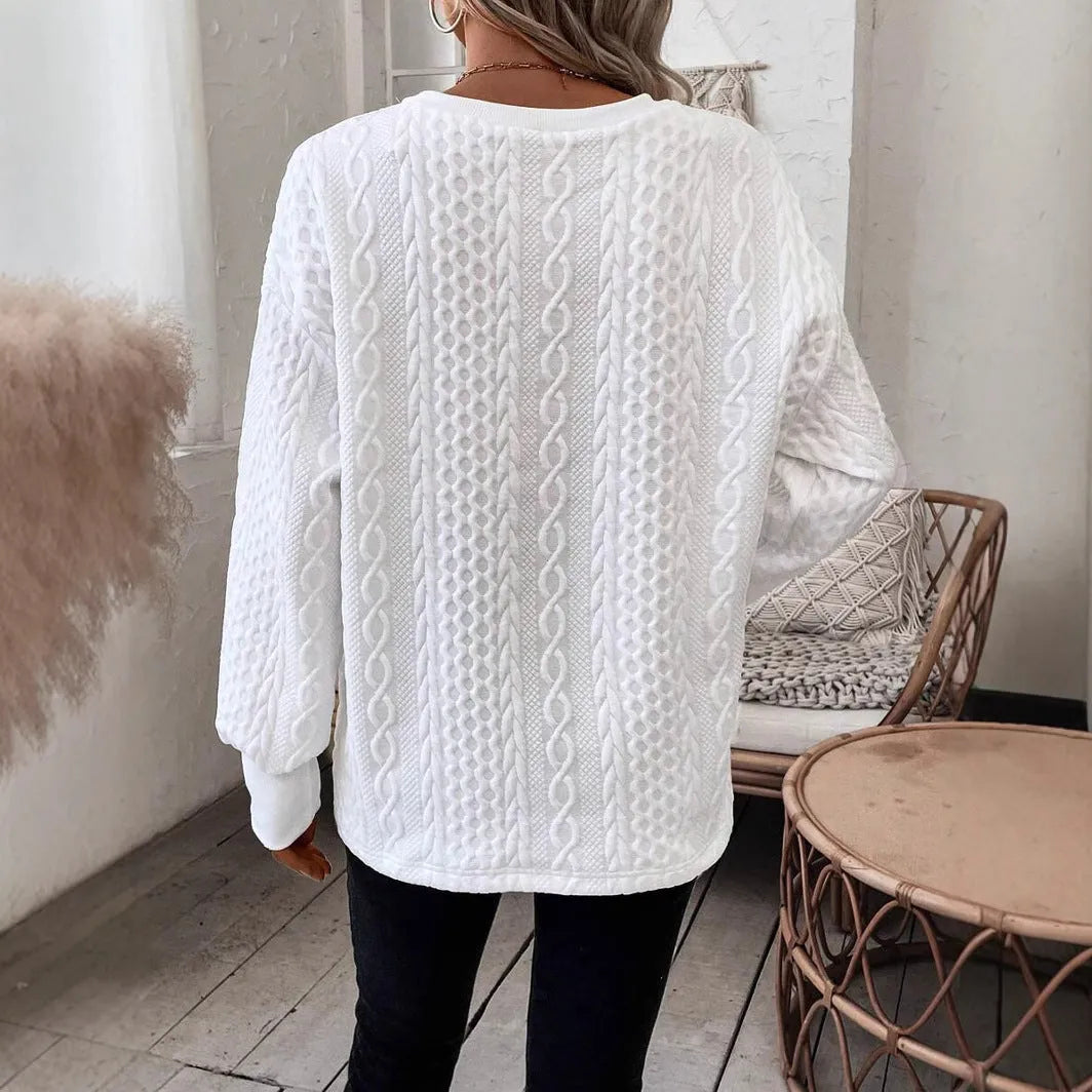 Milky white loose fit long sleeve T-shirt with 3D pattern in Japanese Korean style
